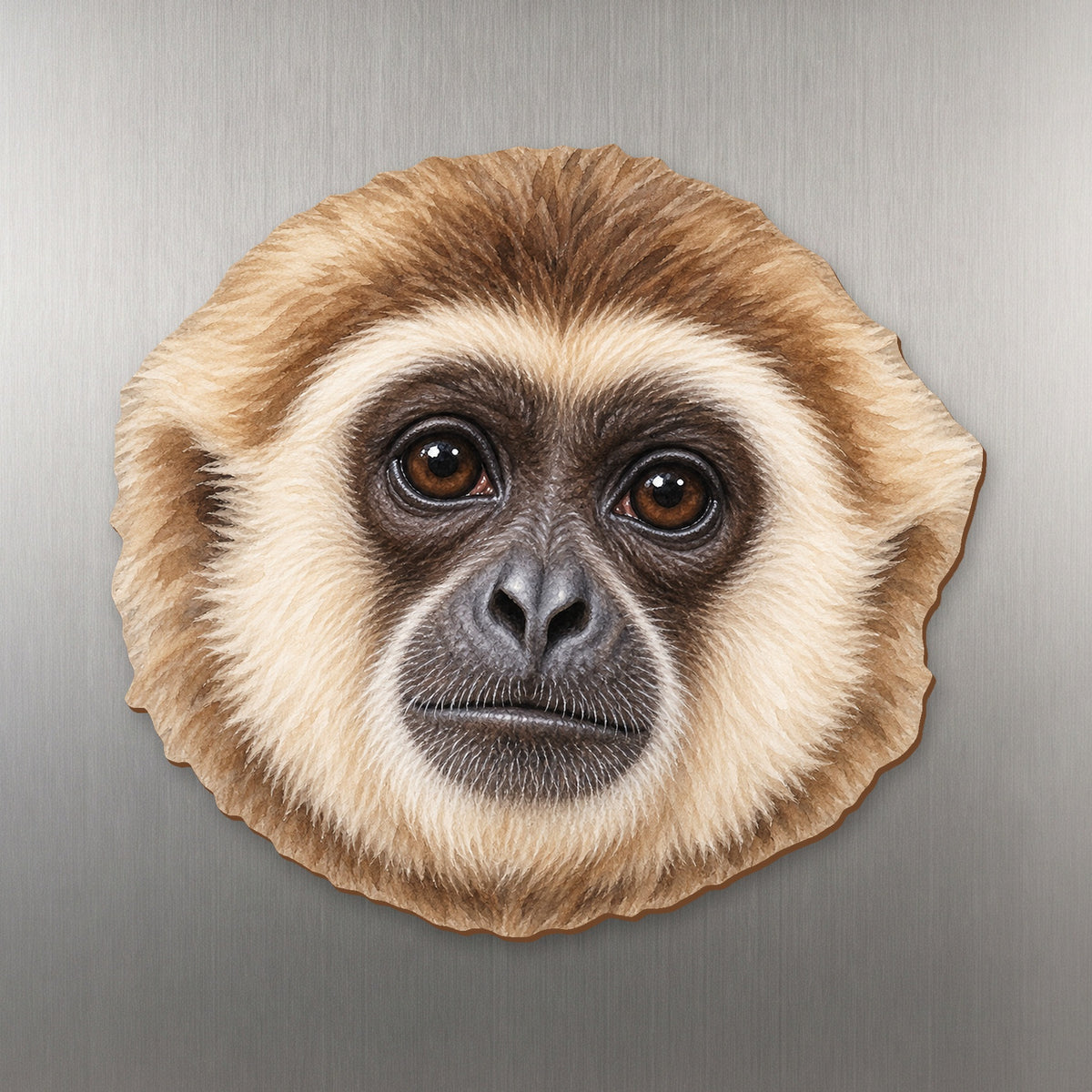 White-handed Gibbon face wood magnet, shown on stainless steel.