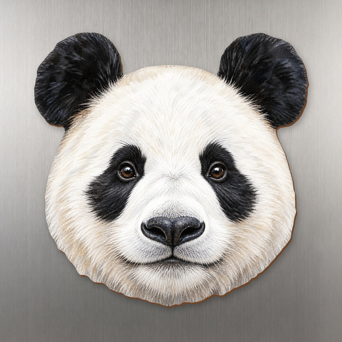 Giant Panda face wood magnet, shown on stainless steel.