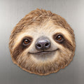 Two-toed Sloth face wood magnet, shown on stainless steel.