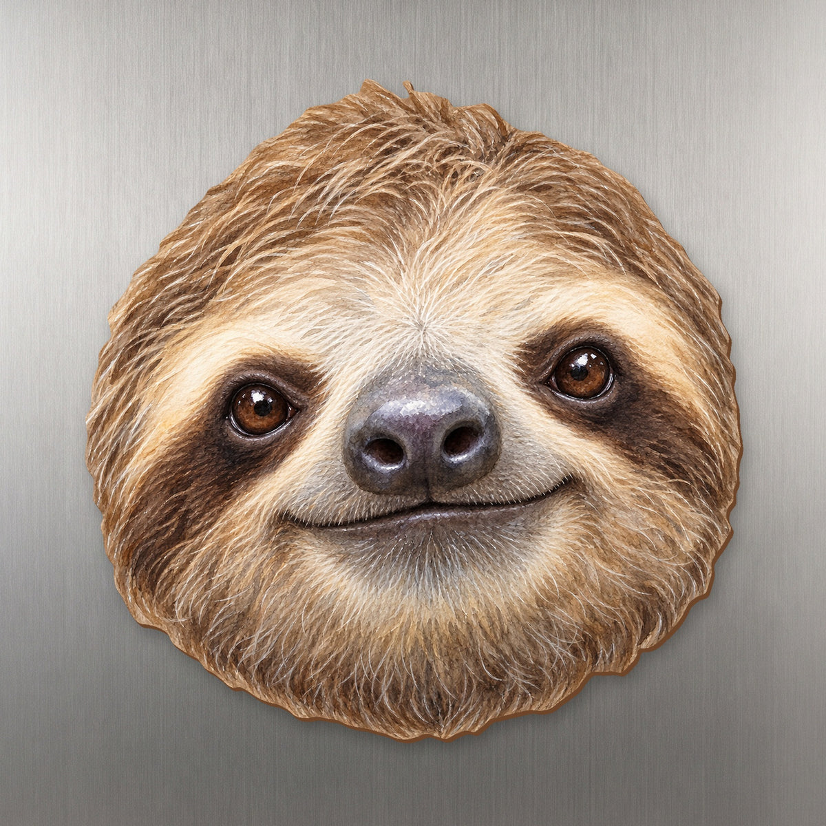 Two-toed Sloth face wood magnet, shown on stainless steel.