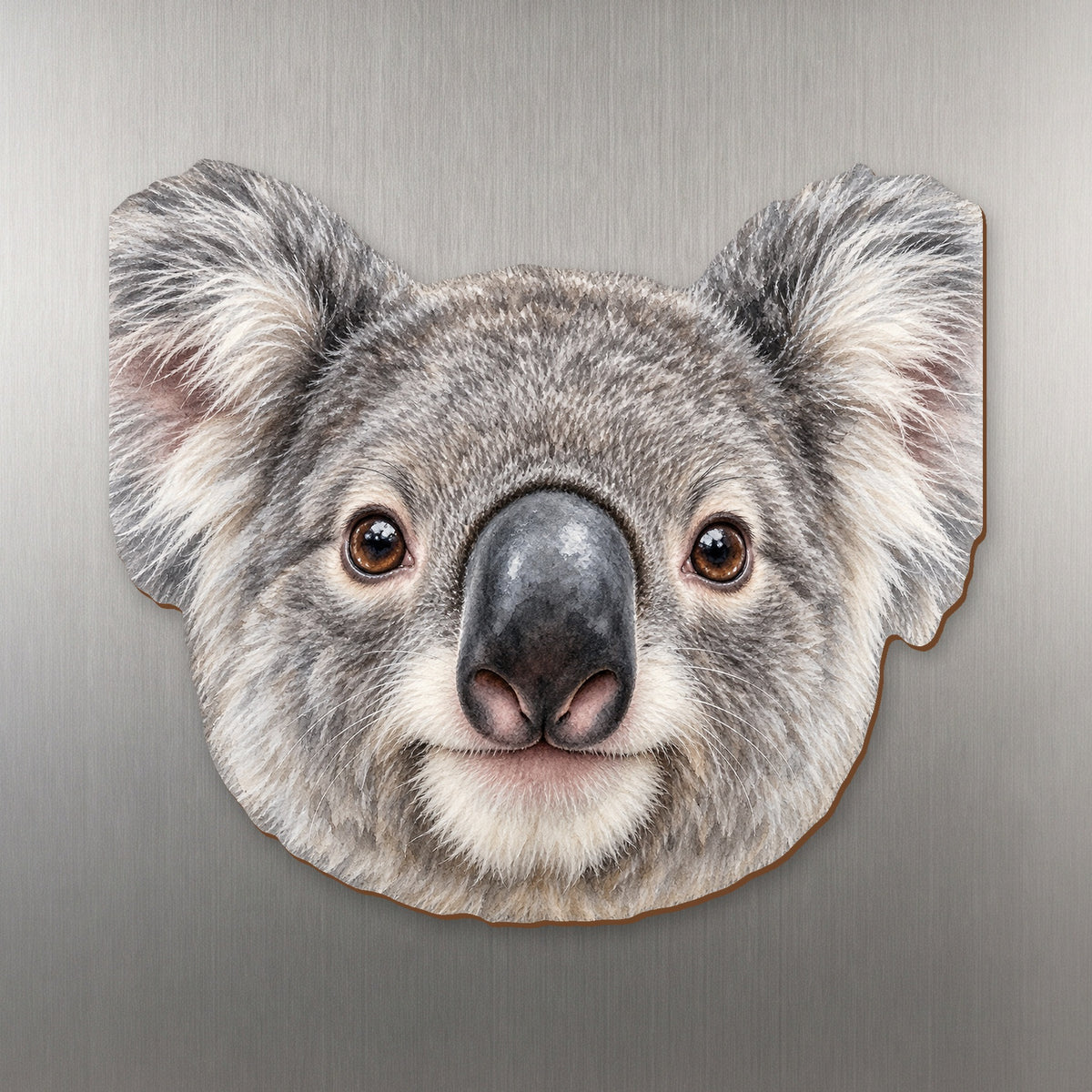 Koala face wood magnet, shown on stainless steel.