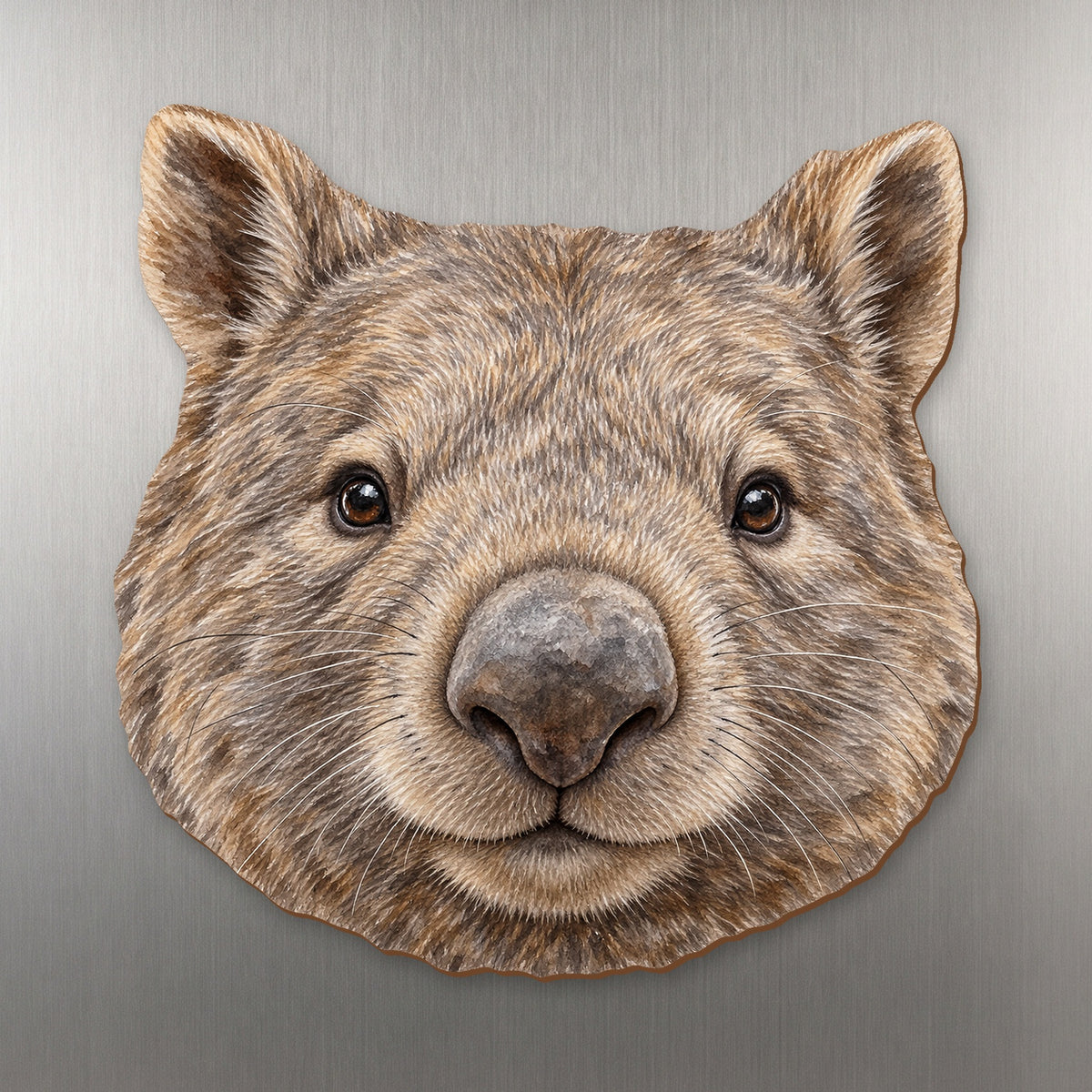 Wombat face wood magnet, shown on stainless steel.