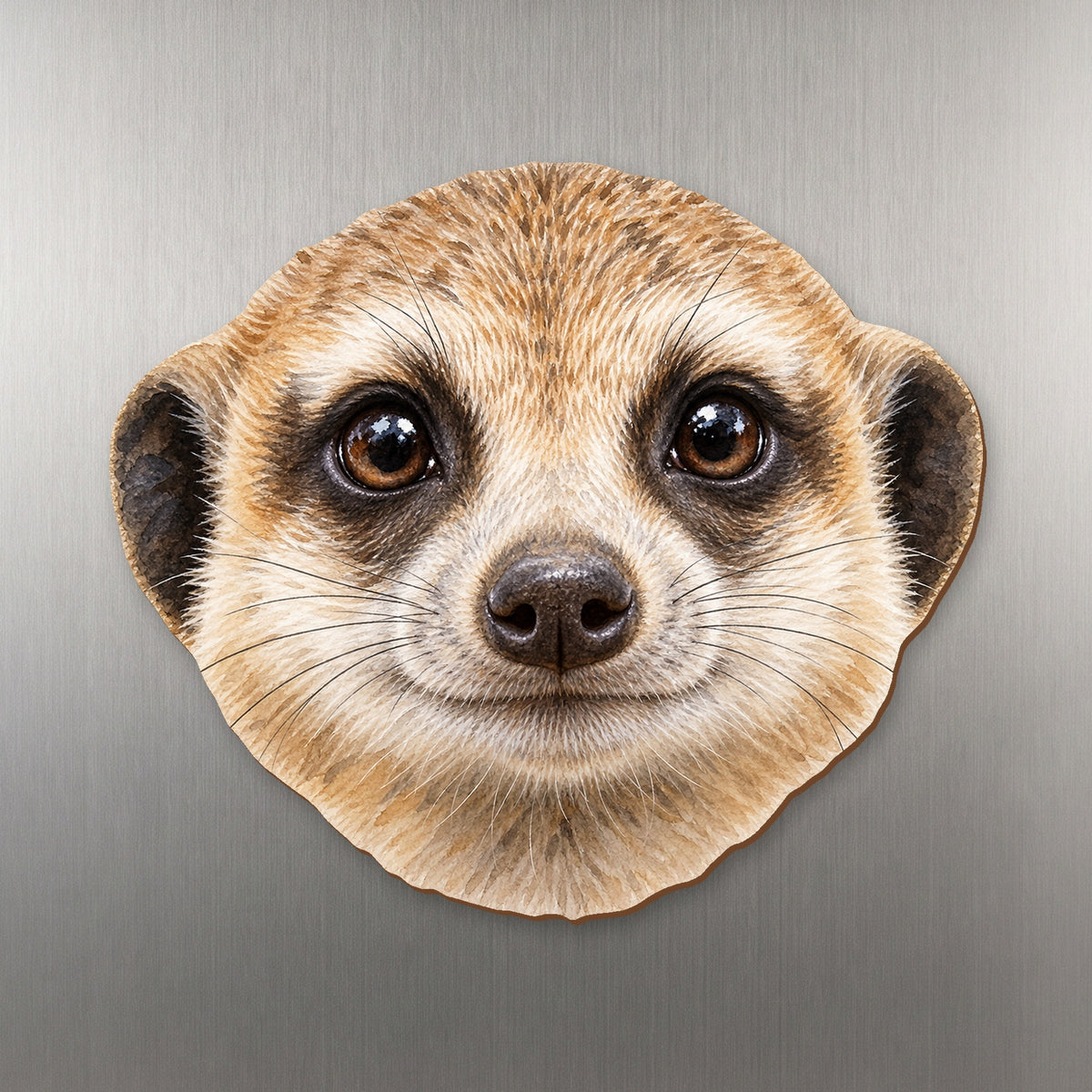 Meerkat face wood magnet, shown on stainless steel.