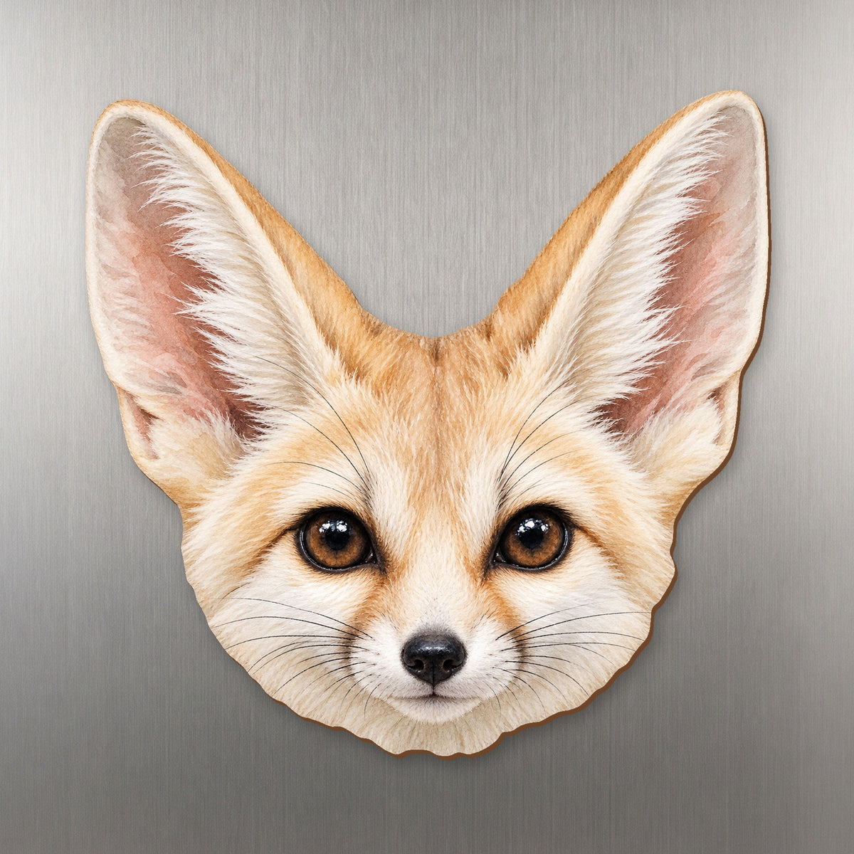 Fennec Fox face wood magnet, shown on stainless steel.