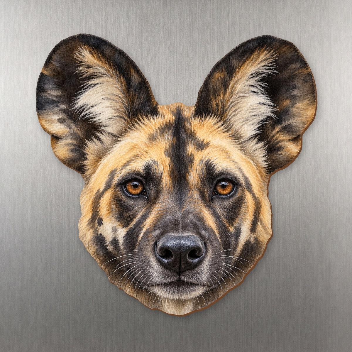 African Wild Dog face wood magnet, shown on stainless steel.