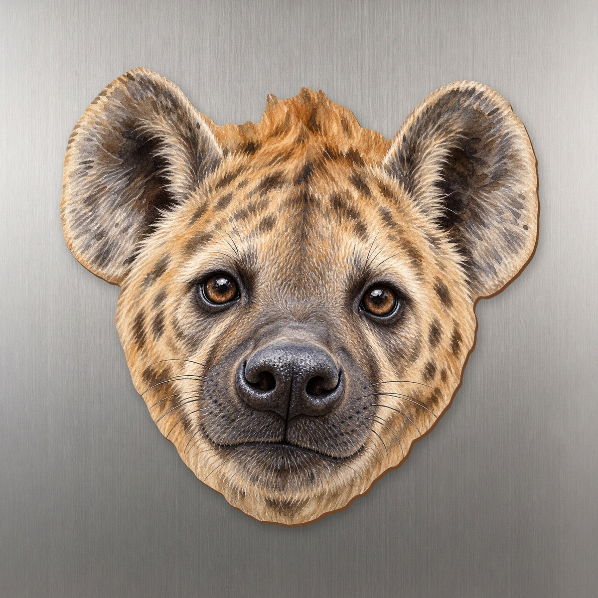 Spotted Hyena face wood magnet, shown on stainless steel.