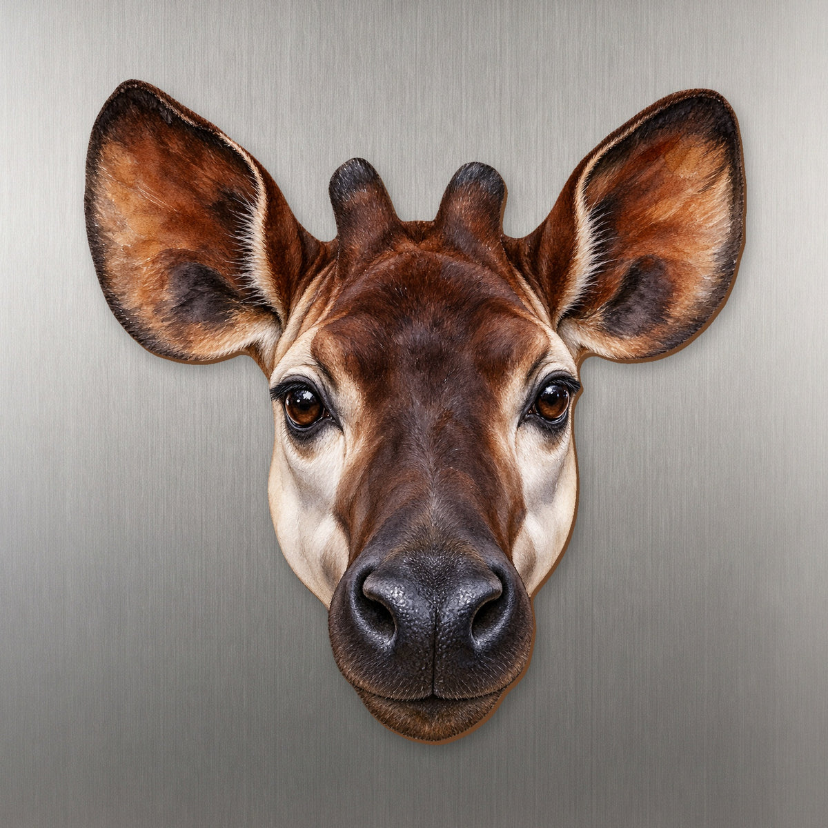 Okapi face wood magnet, shown on stainless steel.