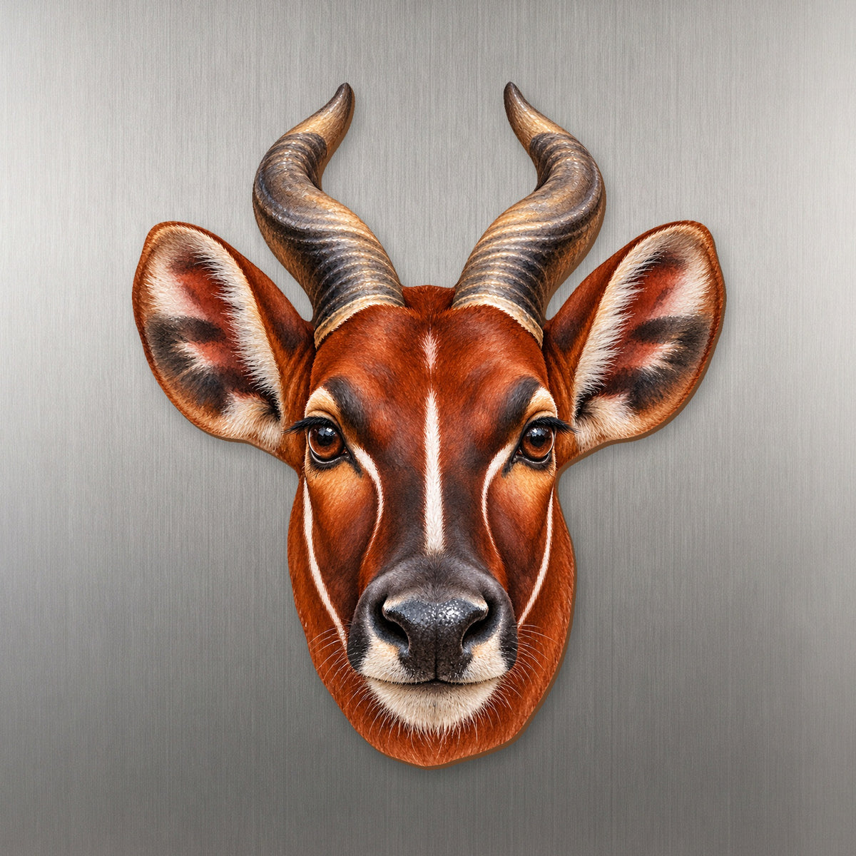 Bongo Antelope face wood magnet, shown on stainless steel.