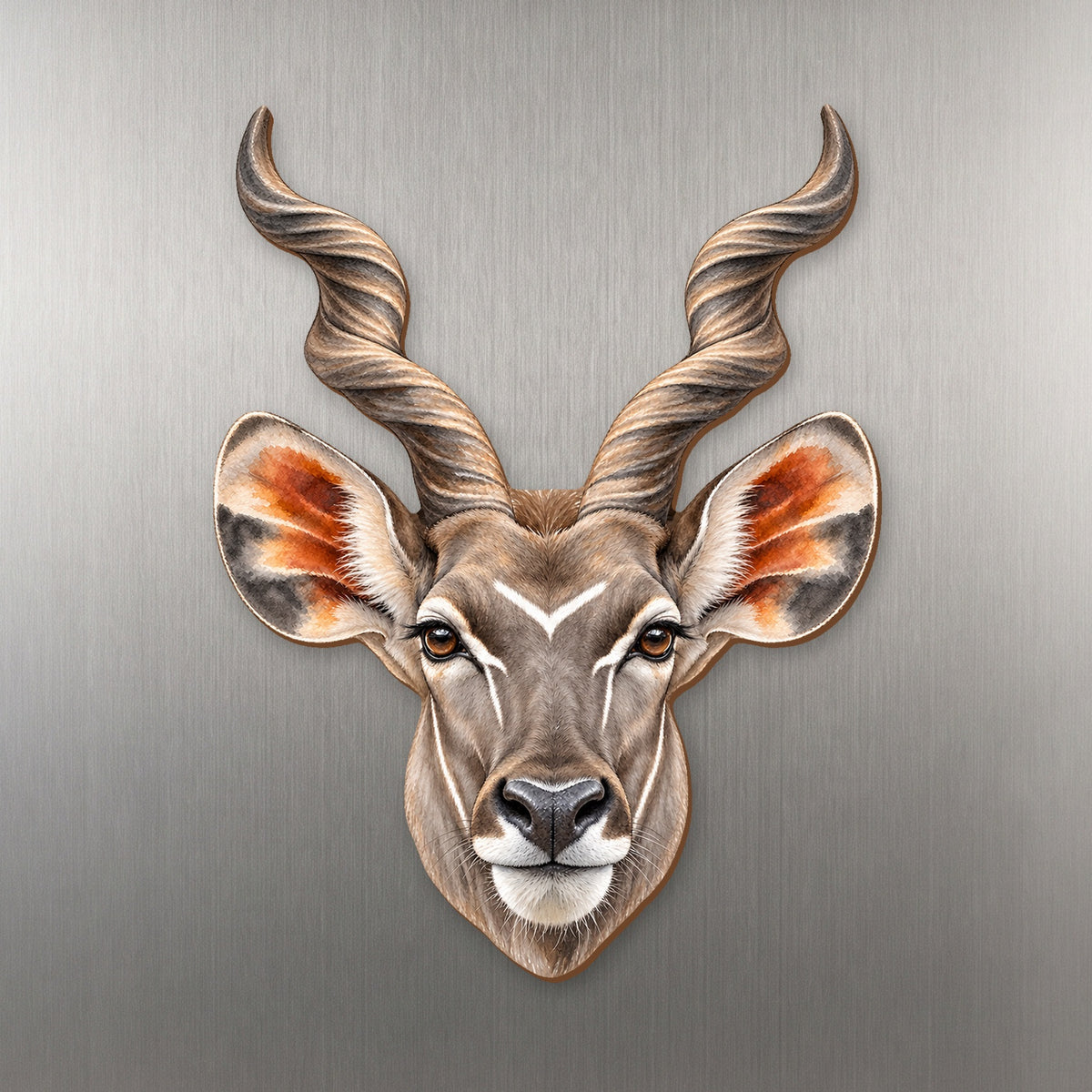 Greater Kudu face wood magnet, shown on stainless steel.
