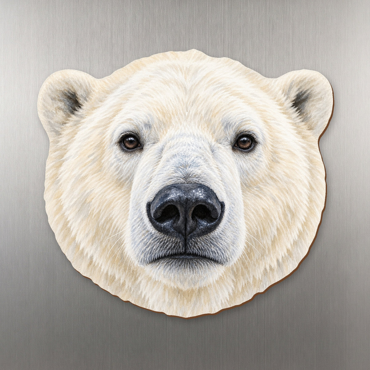 Polar Bear face wood magnet, shown on stainless steel.
