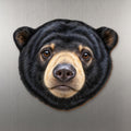 Sun Bear face wood magnet, shown on stainless steel.