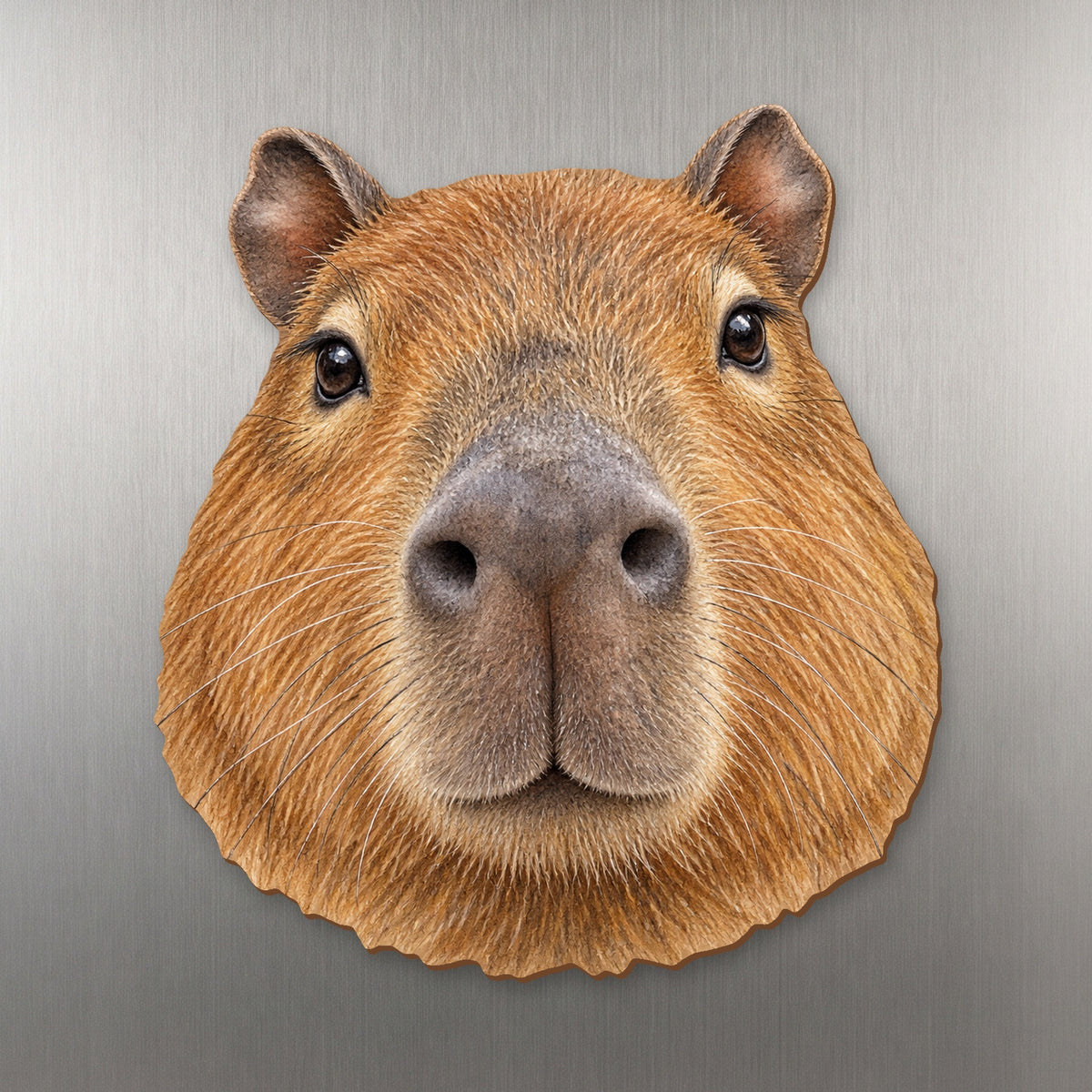 Capybara face wood magnet, shown on stainless steel.