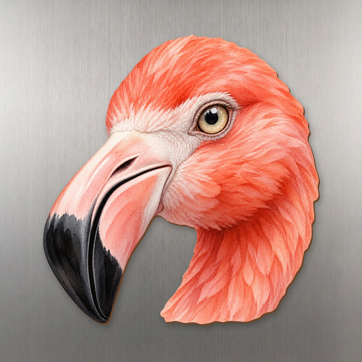 Flamingo face wood magnet, shown on stainless steel.