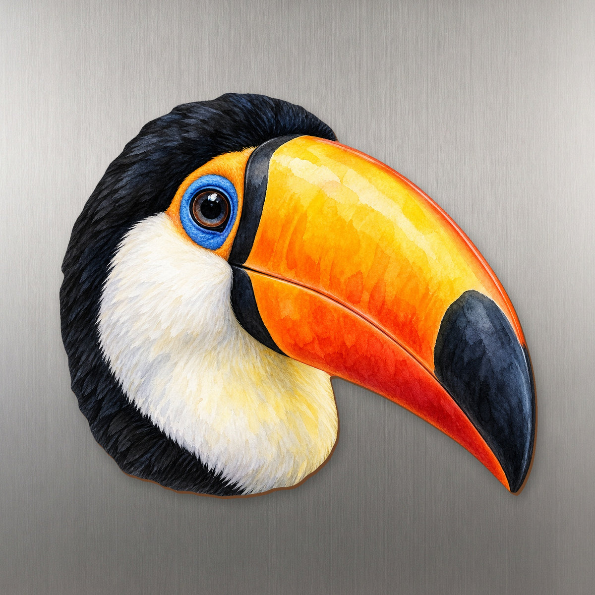 Toco Toucan face wood magnet, shown on stainless steel.
