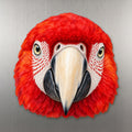 Scarlet Macaw face wood magnet, shown on stainless steel.
