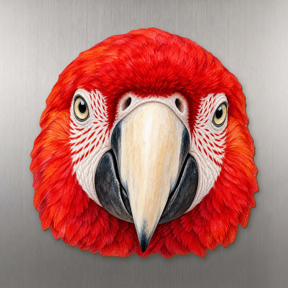 Scarlet Macaw face wood magnet, shown on stainless steel.
