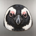 African Penguin face wood magnet, shown on stainless steel.