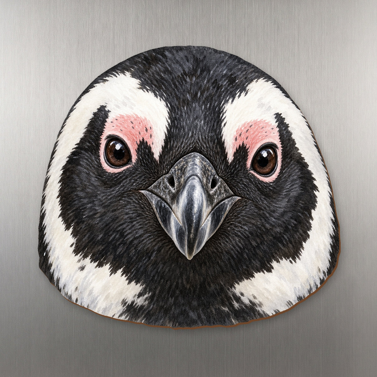 African Penguin face wood magnet, shown on stainless steel.
