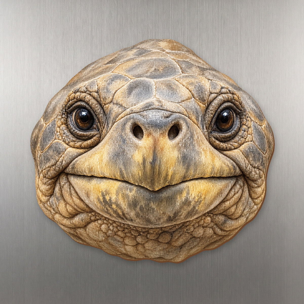 Galapagos Tortoise face wood magnet, shown on stainless steel.