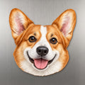 Corgi face wood magnet, shown on stainless steel.
