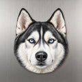 Siberian Husky face wood magnet, shown on stainless steel.