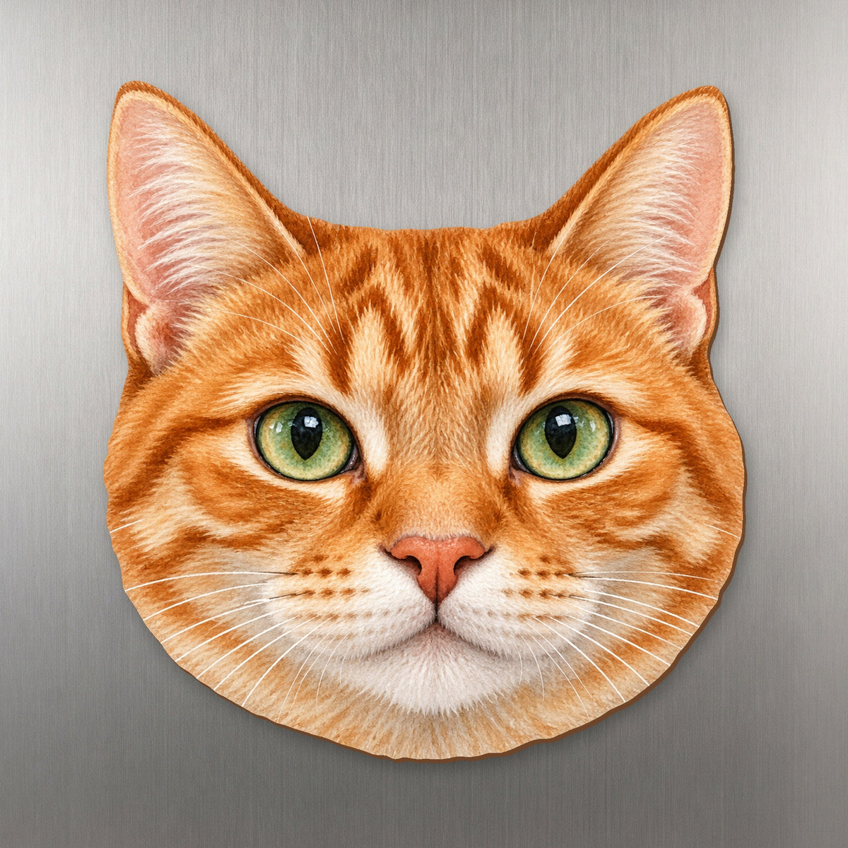 Orange Tabby Cat face wood magnet, shown on stainless steel.