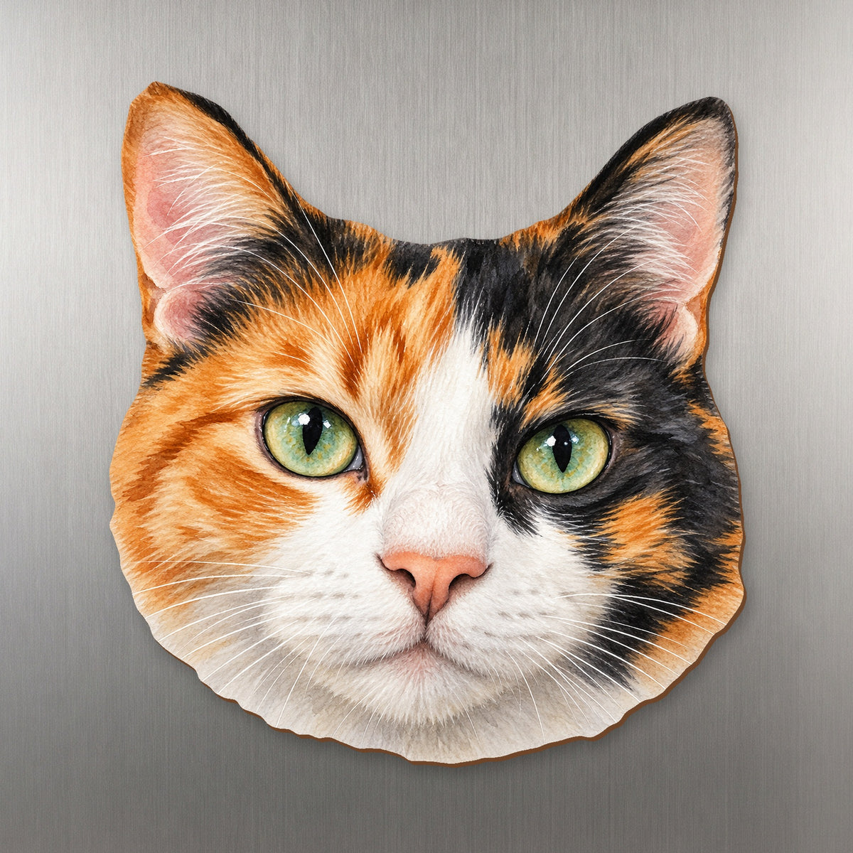 Calico Cat face wood magnet, shown on stainless steel.