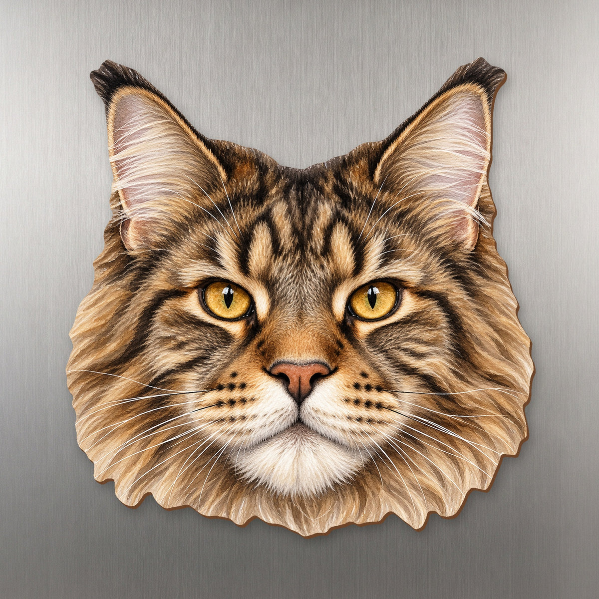 Maine Coon Cat face wood magnet, shown on stainless steel.