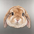 Holland Lop Rabbit face wood magnet, shown on stainless steel.