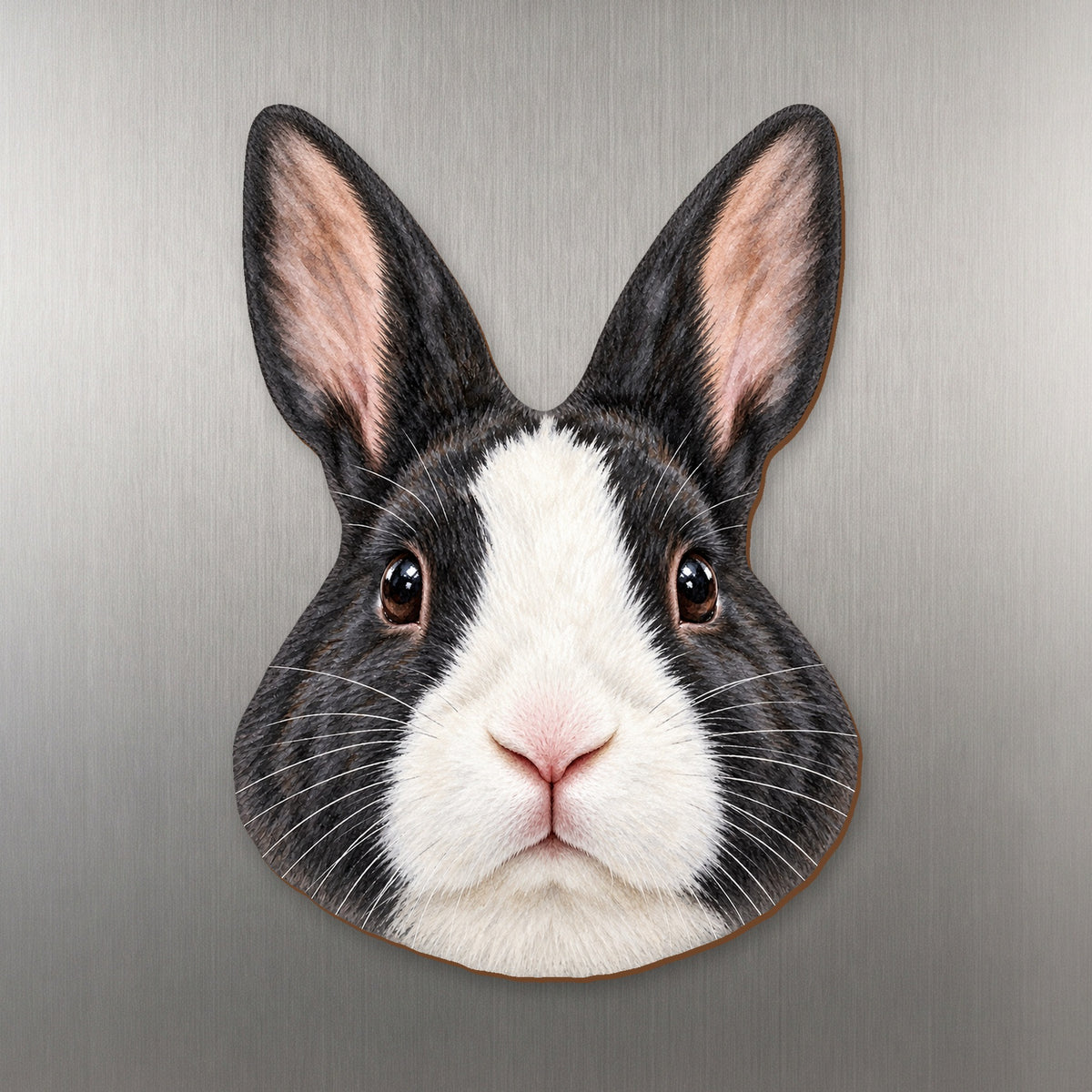 Dutch Rabbit face wood magnet, shown on stainless steel.