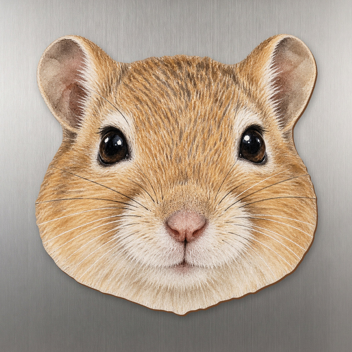 Gerbil face wood magnet, shown on stainless steel.