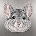 Chinchilla face wood magnet, shown on stainless steel.