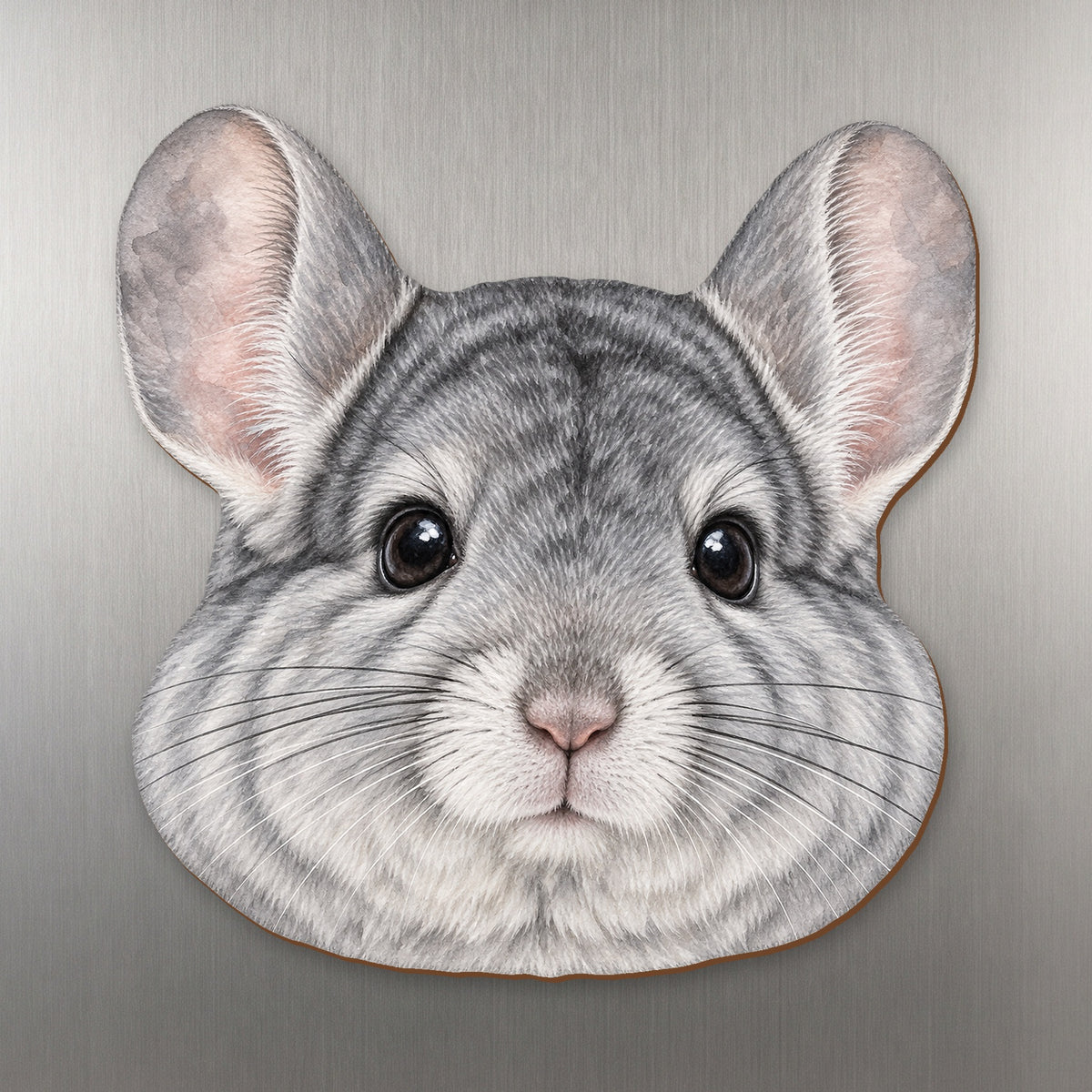 Chinchilla face wood magnet, shown on stainless steel.