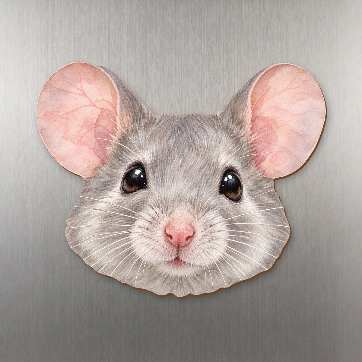 Fancy Mouse face wood magnet, shown on stainless steel.