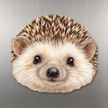 Hedgehog face wood magnet, shown on stainless steel.