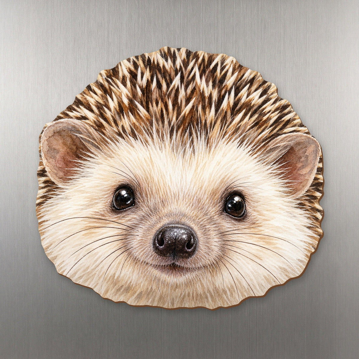 Hedgehog face wood magnet, shown on stainless steel.