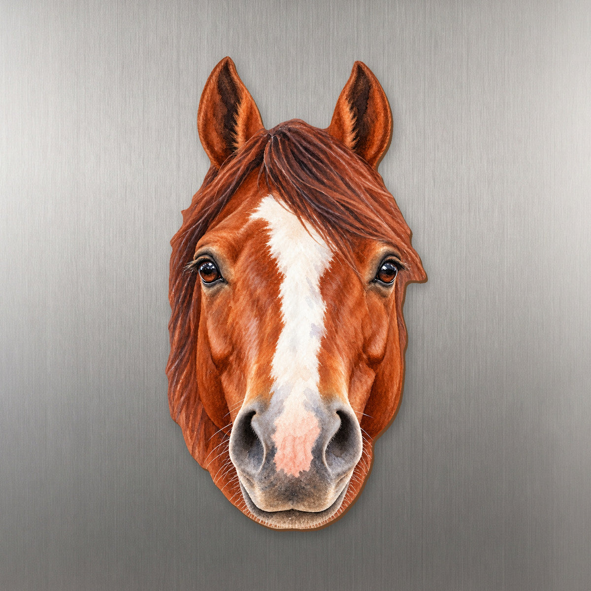 Chestnut Horse face wood magnet, shown on stainless steel.