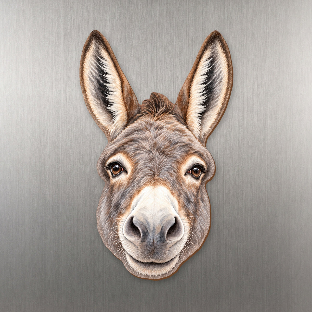 Donkey face wood magnet, shown on stainless steel.