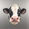 Holstein Cow face wood magnet, shown on stainless steel.