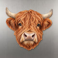 Highland Cow face wood magnet, shown on stainless steel.