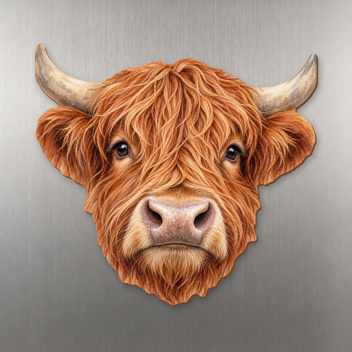 Highland Cow face wood magnet, shown on stainless steel.