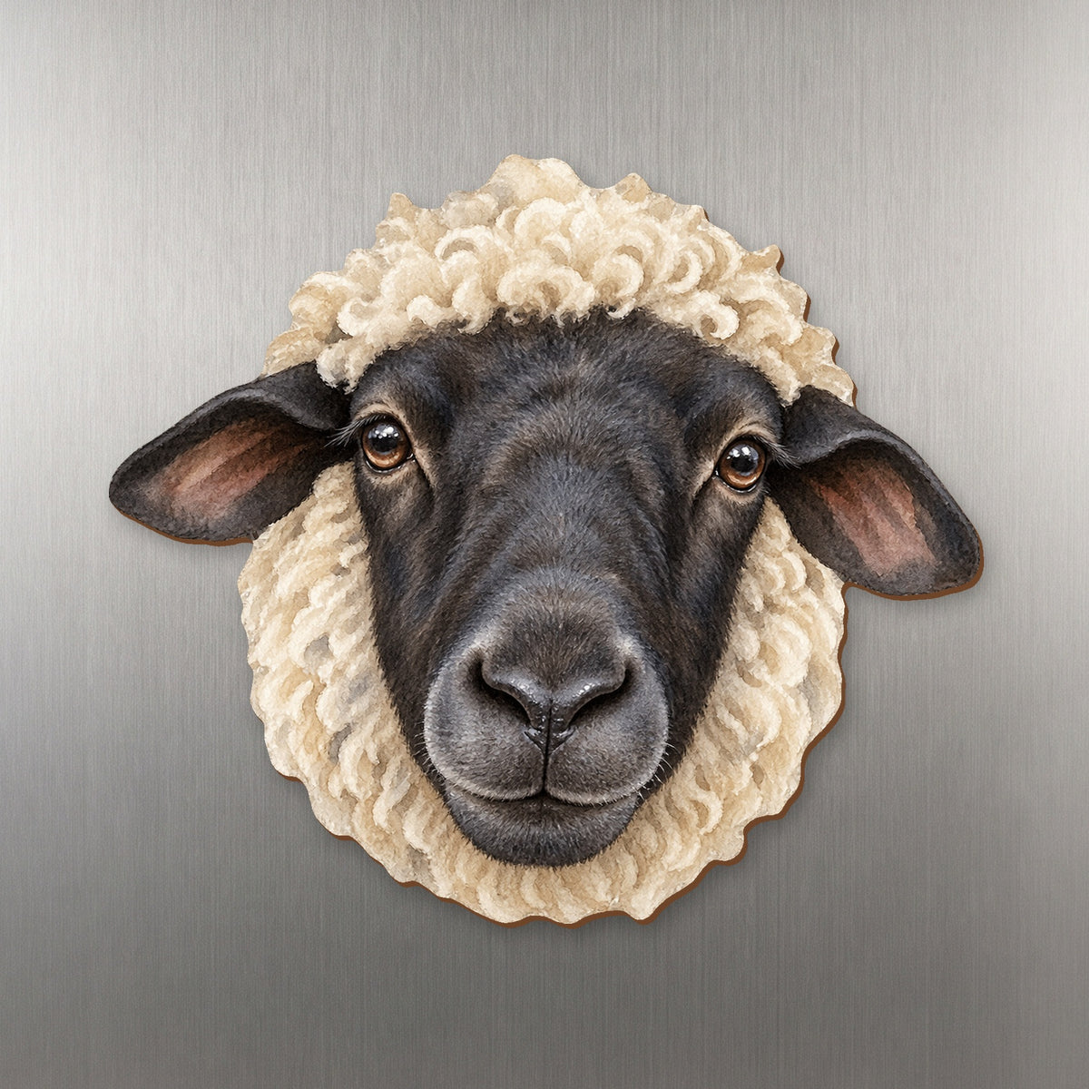 Suffolk Sheep face wood magnet, shown on stainless steel.