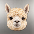 Alpaca face wood magnet, shown on stainless steel.