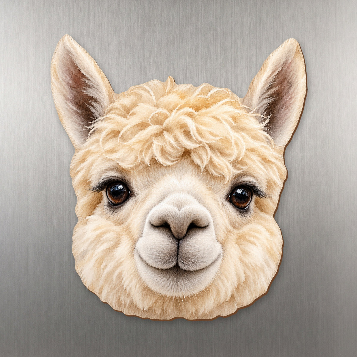 Alpaca face wood magnet, shown on stainless steel.