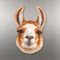 Llama face wood magnet, shown on stainless steel.