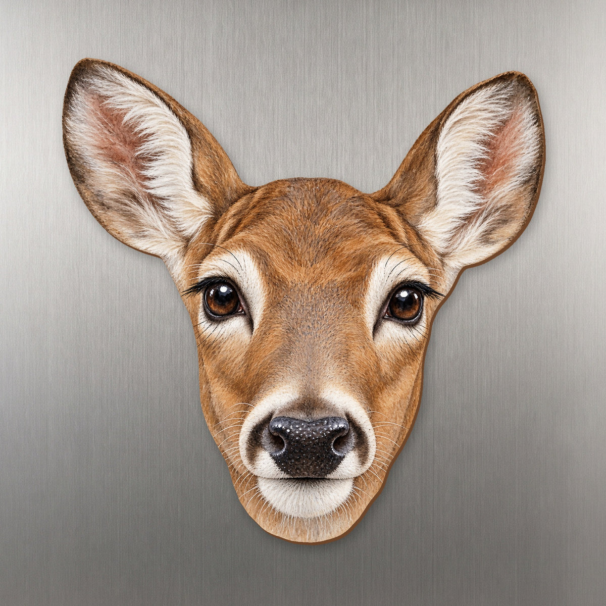 White-tailed Deer face wood magnet, shown on stainless steel.