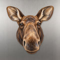 Moose face wood magnet, shown on stainless steel.