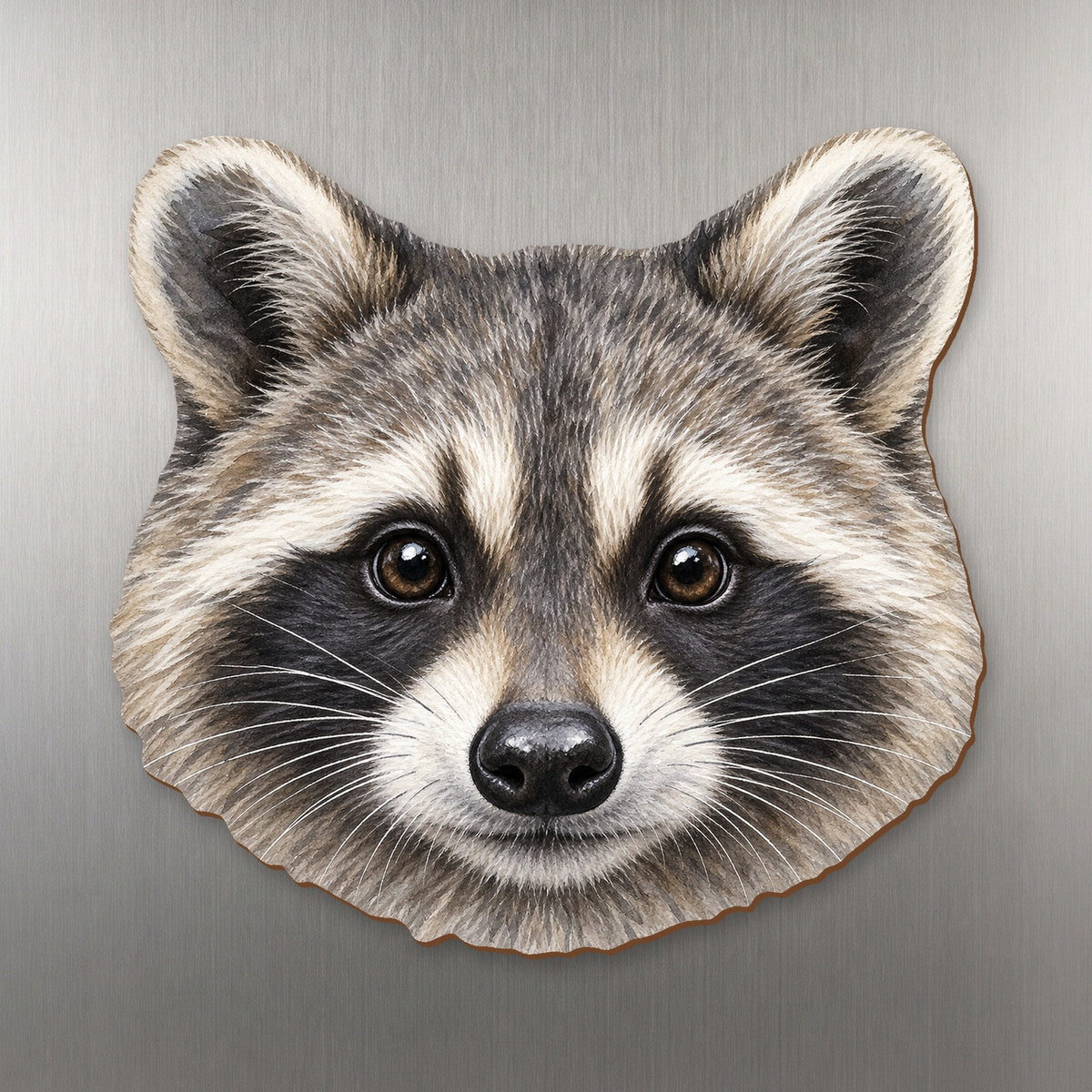 Raccoon face wood magnet, shown on stainless steel.