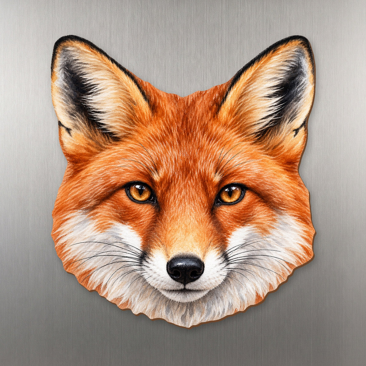 Red Fox face wood magnet, shown on stainless steel.