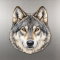 Gray Wolf face wood magnet, shown on stainless steel.